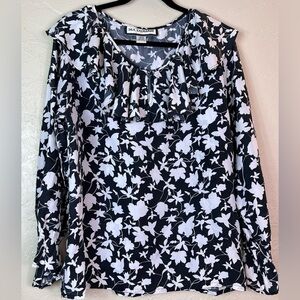 Silk Exchange Victorian Floral Silk Ruffle Neck Blouse in Black and White Size M